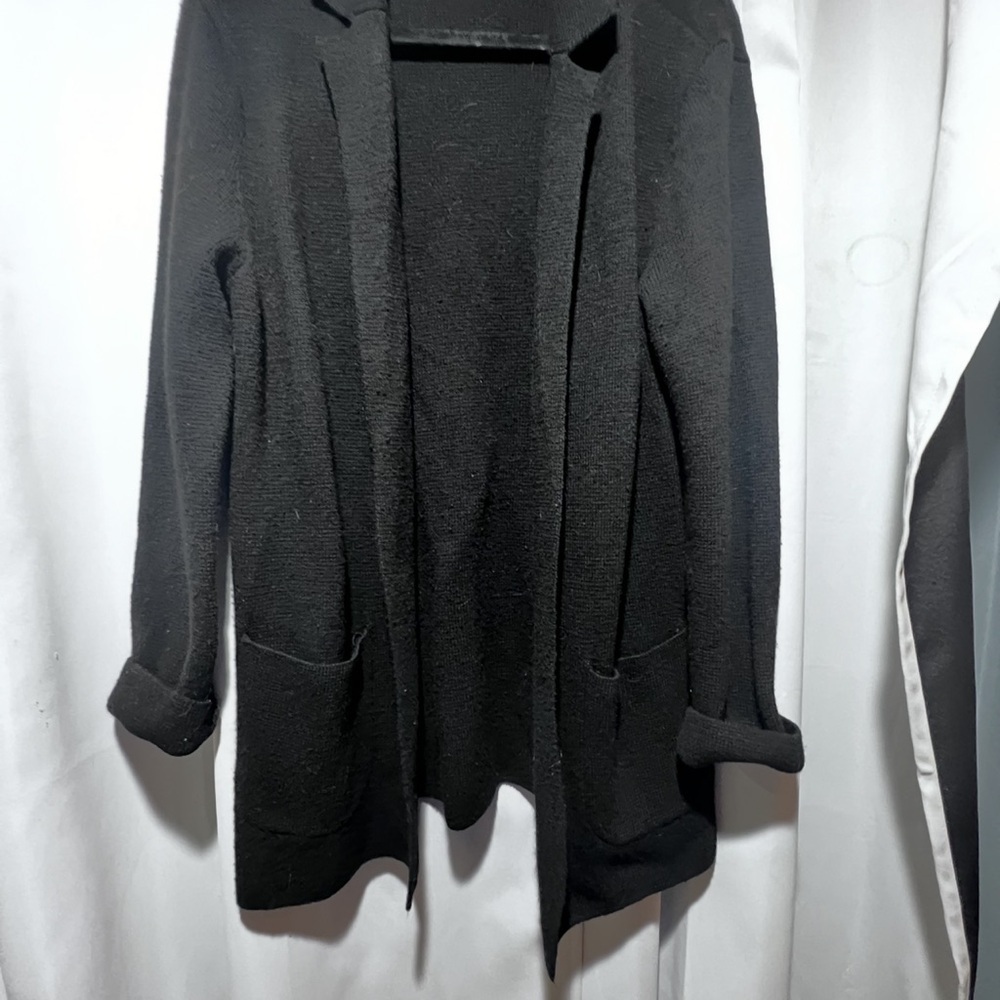 Talbots Black Wool Blend Open Front Cardigan Sweater Long Shawl Collar Medium - Picture 2 of 4